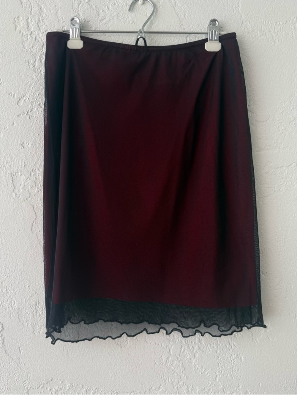 Grace Burgundy Midi Slip Skirt with Black Sheer Trim